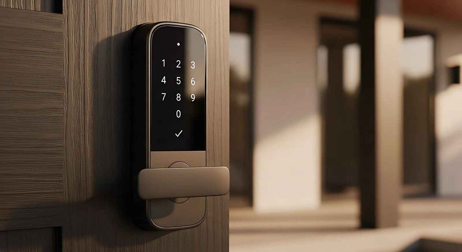 マンションのエントランスにスマートロックが設置されている写真。スタイリッシュなデザイン